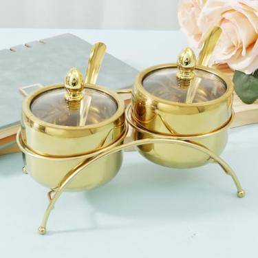 Imagem de KHZSPP Conjunto de açucareiro de aço inoxidável com suporte de tampa de vidro transparente caixa de tempero à prova de ferrugem potes de condimentos lisos recipiente de açúcar compacto recipiente de