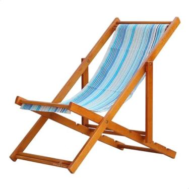 Imagem de Espreguiçadeira Portátil de Madeira Maciça – Para Piscina, Sem Braço, Envernizada (Listras Azuis)