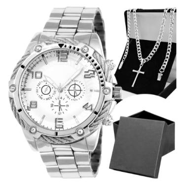 Imagem de Kit Relógio Masculino Aço Inoxidável Prateado Analógico + Cordão Grumet 65cm + Pingente Crucifixo + Caixa Premium Presente