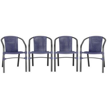 Imagem de 04 Cadeiras Floripa Alumínio Pintura Preta Trama Original Azul