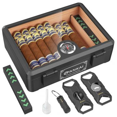 Imagem de Umidor de Charutos com Topo em Vidro, Caixa de Cedro à Prova de Quedas com Divisor para 20-25 Charutos Preta - FANKAI
