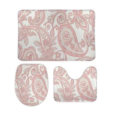 Imagem de Conjunto de tapetes de banheiro e 3 peças de paisley rosa macio, tapete de banheiro de espuma de memória, lavável, antiderrapante, tapete de contorno e tampa para banheiro