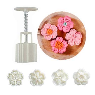 Imagem de Conjunto de moldes para bolo de lua, 4 peças de carimbos de biscoito de 50 g, flor de cerejeira, floral, meio outono, festival, faça você mesmo, prensa à mão, biscoito de sobremesa, cortador de massa, ferramenta de impressões de flores, máquina de bolo de lua