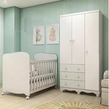 Imagem de Quarto de Bebê Completo 1 Berço Americano Uli 1 Guarda Roupa 3 Portas 3 Gavetas Junior Móveis Peroba Branco