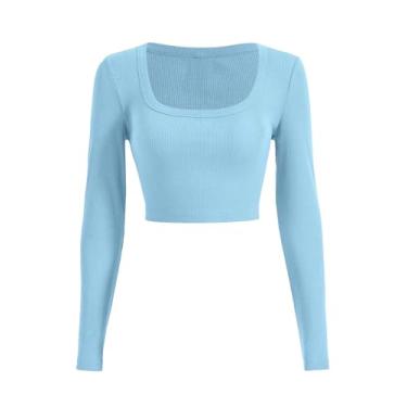 Imagem de SOLY HUX Camiseta feminina Y2k gola quadrada manga longa cropped camiseta de malha canelada, Azul claro puro, G