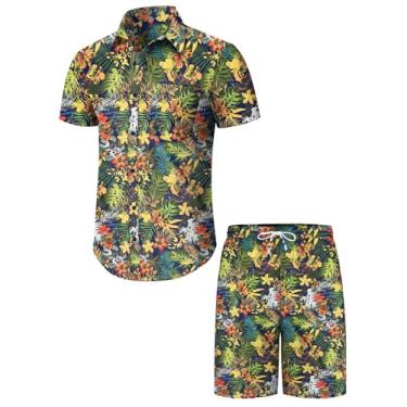 Imagem de Runcati Conjunto masculino havaiano de manga curta, 2 peças, casual, com botões, estampa floral, camisa de praia e shorts, Azul marino, GG