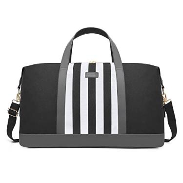 Imagem de Bolsas femininas de lona para mulheres, bolsa esportiva de viagem listrada de zebra com bolso seco e molhado, perfeita para viagem/uso diário/presente de aniversário, Preto