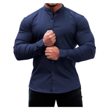 Imagem de Camisa masculina casual cor sólida abotoada atlética gola alta slim fit manga longa, Azul-escuro, XG