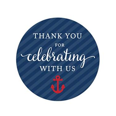 Imagem de Andaz Press Coleção náutica de chá de bebê, etiquetas redondas redondas, obrigado por celebrar conosco, pacote com 40, para lembrancinhas de festa temáticas de marinheiro do oceano Bon Voyage, presentes, decorações