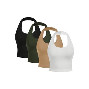Imagem de SOLY HUX Top feminino frente única pacote com 4 camisetas cropped básicas gola canoa costas nuas, Preto, verde, cáqui, branco, P