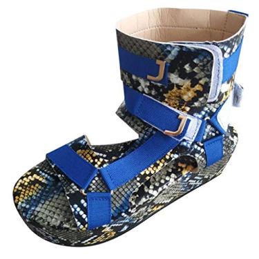 Imagem de Aniywn Sandálias plataforma femininas, bico aberto gladiador tira tornozelo sexy pele de cobra sandálias plataforma sapatos rasos confortáveis, Azul, 37