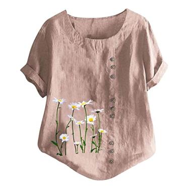 Imagem de Camisetas femininas de linho com estampa floral, gola redonda, túnica de manga curta, camisas soltas casuais para sair, rosa, P