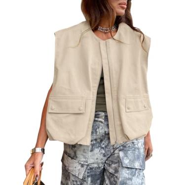 Imagem de PAODIKUAI Blazer feminino casual com zíper e bainha franzida, leve, sem mangas, jaqueta grande com bolsos, Caqui, GG