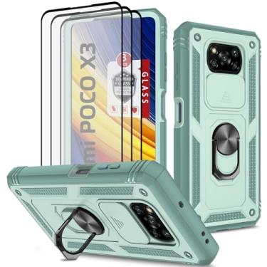 Imagem de ANOUKE Capa para Xiaomi Poco X3 NFC/Pro com 3 peças de protetor de tela de vidro temperado, suporte de anel integrado + capa para câmera, capa de proteção de corpo inteiro TPU macio de policarbonato