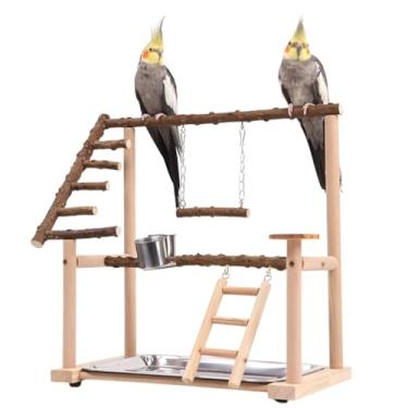 Imagem de Poleiro de pássaro, escada, suporte de madeira, brinquedo para papagaios, periquitos, parquinho de pássaros com copos e bandeja de aço inoxidável, suporte de poleiro de madeira com tigelas, grande