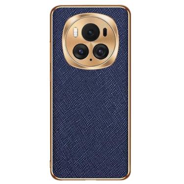 Imagem de LTLMYDAM Capa de couro para Honor Magic 6 Pro/6, proteção para lente da câmera, capa elegante banhada brilhante bordas macias à prova de choque, azul, 6Pro