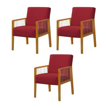 Imagem de Kit 3 Poltronas Decorativa Base em Madeira Maciça e Corda Náutica Copacabana Veludo Vermelho