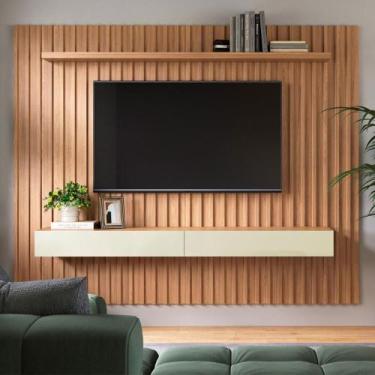 Imagem de Painel Suspenso Ripado em MDF Com 1 Prateleira e Leds 230 cm - Pradel 