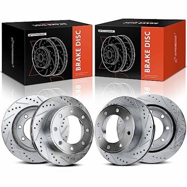 Imagem de A-Premium Rotores de freio a disco perfurados e ranhurados dianteiros e traseiros compatíveis com modelos selecionados da Ford - para F-250/F-350 Super Duty 1999-2004, Excursion 2000-2005, 4WD apenas,