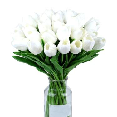 Imagem de SITUMEIZI 15 peças flores brancas tulipas artificiais flores de seda falsas 14 polegadas em massa cozinha casa decoração de casamento buquê decorações arranjos florais flor toque real