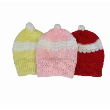 Imagem de Gorro de bebê kit com 3 toucas de lã tricô - Confecções Castelo, Rosa