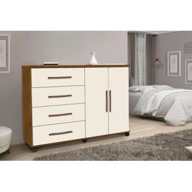 Imagem de Cômoda 4 Gavetas e 2 Portas com Rodízios Bali Mel com Perola Rede Móve