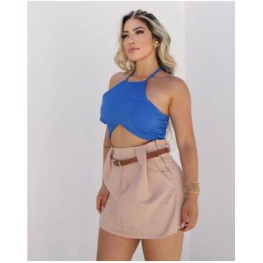 Imagem de short saia feminino alfaiataria com bolso e zíper com cinto couro - ET