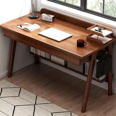 Imagem de Mesa de trabalho para escritório doméstico mesa de computador moderna de nogueira de meados do século com 2 gavetas e prateleiras, nogueira, 129 cm