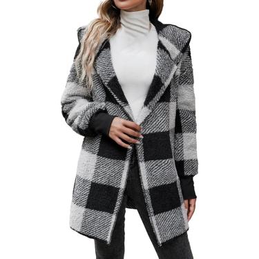 Imagem de Feminino oversized sherpajacet casual manga longa xadrez fuzzy velo forrado hoodies cardigan camisolas casacos, preto, s