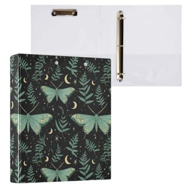 Imagem de Fichário de 3 anéis de traça Luna com samambaias, preto, verde, fichário decorativo de 3,8 cm com prancheta e 3 bolsos transparentes, comporta 200 folhas de papel tamanho A4, fichários à prova d'água