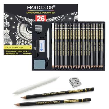 Imagem de MARTCOLOR Conjunto de lápis de esboço de desenho, 26 peças, lápis de grafite (14B-4H), lápis de carvão, bastões de carvão, toco de mistura, borracha, apontadores, lápis de artista para iniciantes e