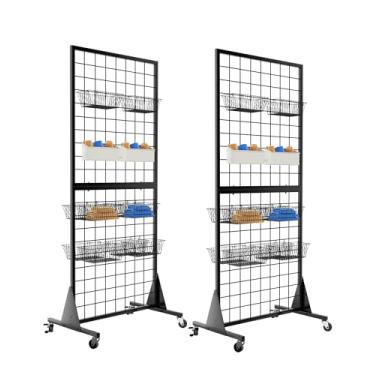 Imagem de QKOSMTL Suporte de exibição de painel gridwall de 2 pacotes, rack de piso resistente de 2'x5,5' com parede removível, roda silenciosa móvel, fácil de transportar, ideal para feiras de varejo
