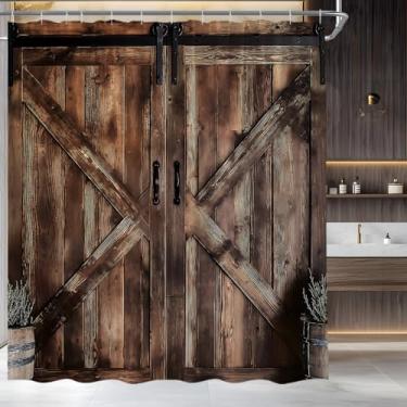 Imagem de YSATNSFT Cortina de chuveiro rústica para porta de celeiro, casa de fazenda, vintage, tábua, madeira, tecido, conjunto de decoração de banheiro com ganchos, (177,8 cm x 170 A)