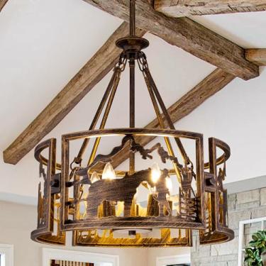 Imagem de TOCHIC Lustre De Fazenda De 5 Luzes Para Sala De Jantar, Lustre Rústico Em Metal Bronze, Luminária De Cavalo De Cowboy Ocidental Para Sala De Estar, Sala De Jantar, Quarto, Saguões, 20" D