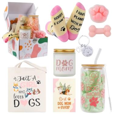 Imagem de Bayelove Presentes de mãe de cachorro para mulheres, melhores presentes de mãe de cachorro, presentes legais para amantes de cães, inclui sacola de lona, copo de vidro, chaveiro, meias, vela,