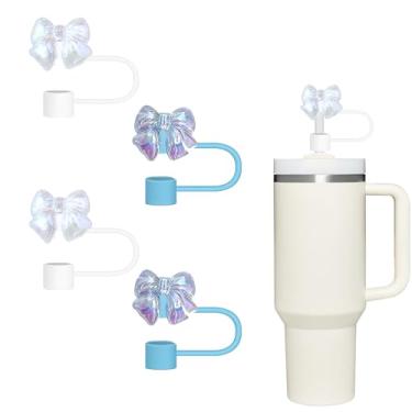Imagem de Conjunto de 4 peças de topo de palha azul e branco, tampa de palha em forma de arco de 10 mm compatível com copos Stanley Copo de 30 e 1,134 g com alça, tampas de silicone reutilizáveis, acessórios