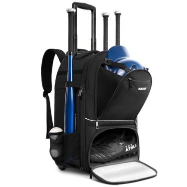 Imagem de AUROTIER Mochila de beisebol com rodinhas off-road, bolsa para equipamentos de beisebol, 4 tacos, bolsa grande de softbol para TBall, capacete e acessórios com gancho de cerca, preta