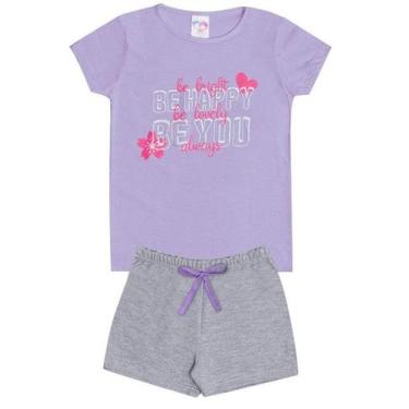 Imagem de Conjunto de Verão Infantil Feminino Blusa Roxa e Shorts Cinza Happy - 