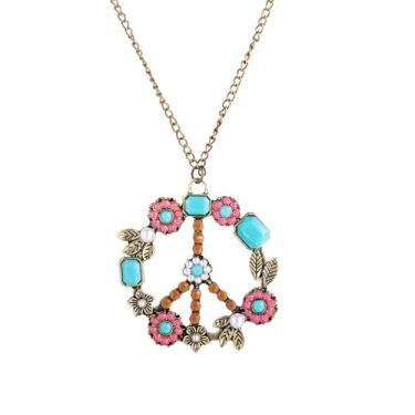 Imagem de QLUYCKW Colares boêmios com símbolo da paz feitos à mão, vintage, colorido, hippie, contas de flores turquesa, antiguerra, acessórios hippie, joias, Medium, Liga de aço, Turquesa