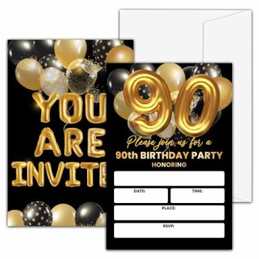 Imagem de valucise Convites de aniversário de 90 anos, convites de festa de aniversário preto e dourado, cartões de convite de preenchimento de balão de ouro, suprimentos de lembrancinha de festa de aniversário