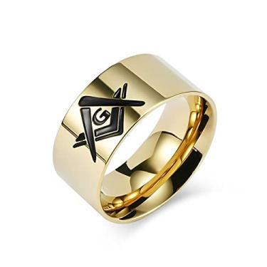 Imagem de Meilord Anel de maçonaria de 10 mm de aço inoxidável com símbolo maçônico para homens e meninos, anel de motociclista punk rock, hip hop, tamanho 7-12, prata preto dourado, Metal