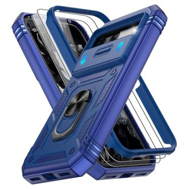 Imagem de Gritup Capa para celular Google Pixel 8A com capa de câmera deslizante e protetor de tela (2 peças), suporte de anel giratório 360, capa protetora de grau militar para Pixel 8A, azul