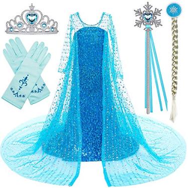 Imagem de Princess Costume Long Cape Birthday Party Dress up with Crown,Magic Wand,Wig,Gloves for Little Girls 4T 5T(110CM,E08)