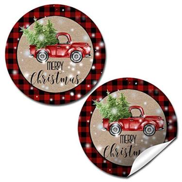 Imagem de Aquarela caminhonete vermelha Snowy Christmas Thank You Etiquetas adesivas, 40 adesivos de círculo de festa de 5 cm da AmandaCreation, ótimo para lembrancinhas de festa, selos de envelope e sacolas de