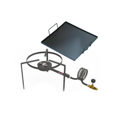 Imagem de Kit Camping 1 - Fogareiro Fogão Redondo F1b3 30cm Simples + Chapa Bifeteira 32cm Progás