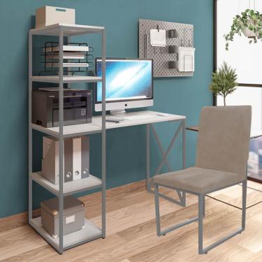 Imagem de Kit Escritório Mesa Max Bex 5 Prateleiras E Cadeira Stan Cinza Tampo Branco Corino Bege - Amey Decor