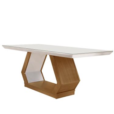 Imagem de Mesa de Jantar Lara 6 Lugares Retangular Vidro 180cm Off White Imbuia Serigrafado Moderno