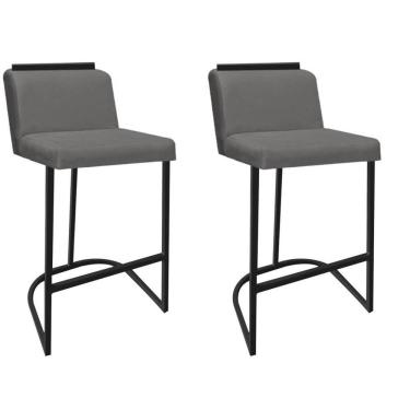 Imagem de Kit 02 Banquetas Com Encosto Confort Bistrô Cozinha Ferro Preto Sintético Cinza Amey Decor