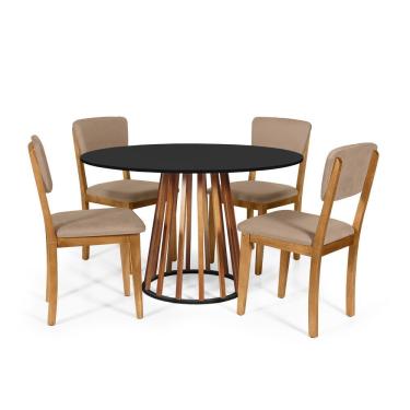 Imagem de Mesa De Jantar Redonda Gabi Nat/pret Com 4 Cadeiras Estofadas Ella Marrom Claro
