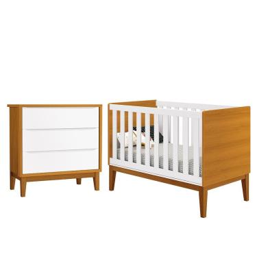 Imagem de Jogo De Quarto Infantil Cômoda 3 Gavetas E Berço Classic Branco Savana Com Pés Amadeirado Reller Móveis Branco Savana